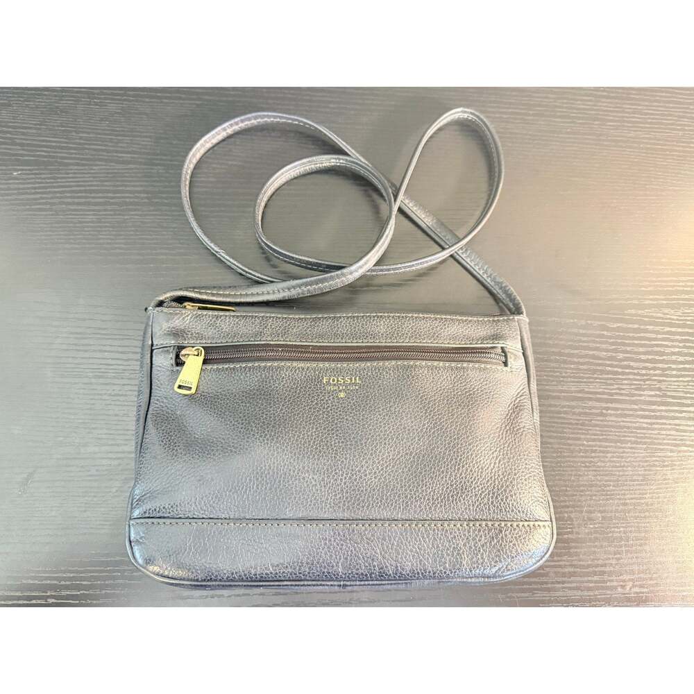 Fossil Navy Blue Leather Crossbody Purse Small Zip Top Shoulder Bag